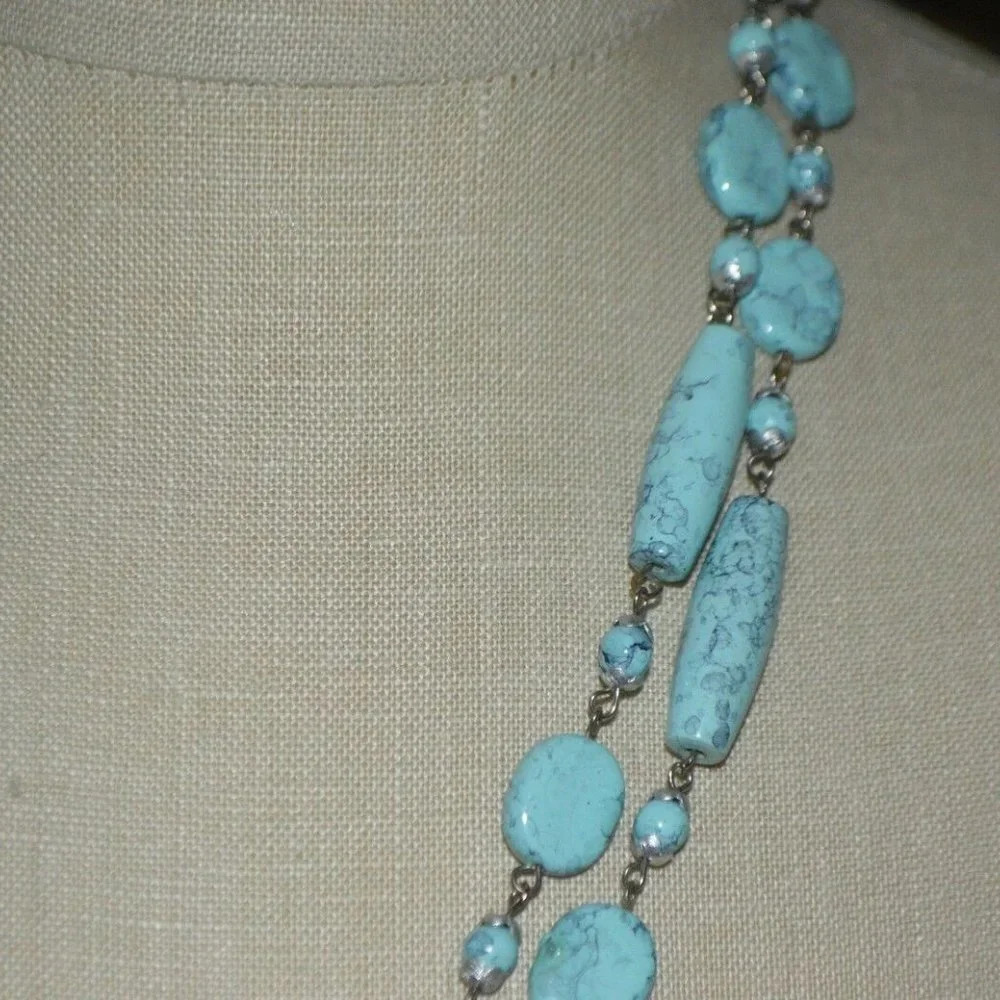 Faux Turquoise Acrylic Bead Long Dangle Necklace - Picture 4 of 4